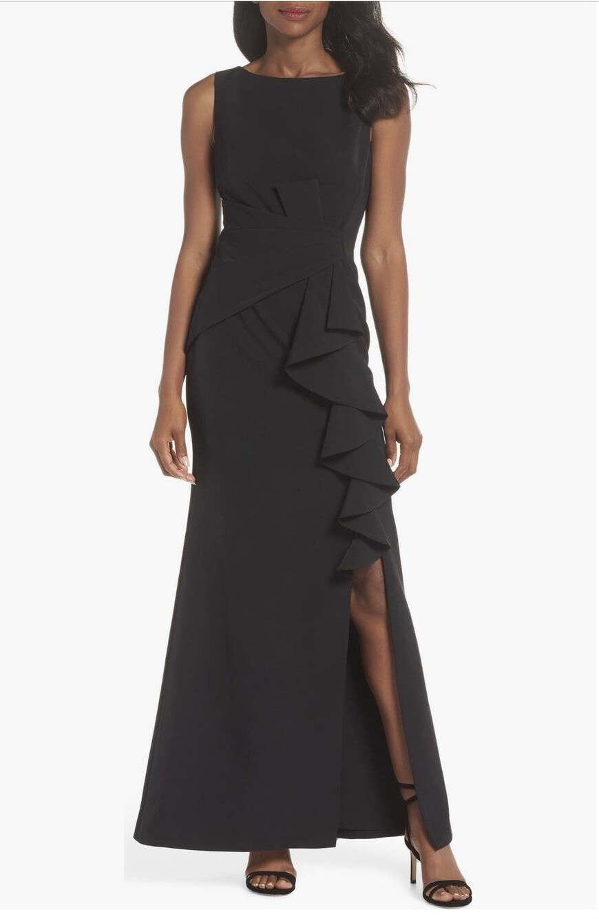 Eliza J Black Cascade Ruffle Sleeveless Gown Dress Size 12 NWT